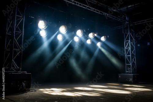 Illuminated spotlights cast light on a stage in a club. Generative AI