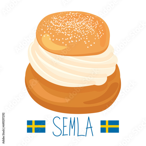 Swedish Sweets Semla. Concept of a Cozy Coffee Time. Scandinavian. Vector Illustration