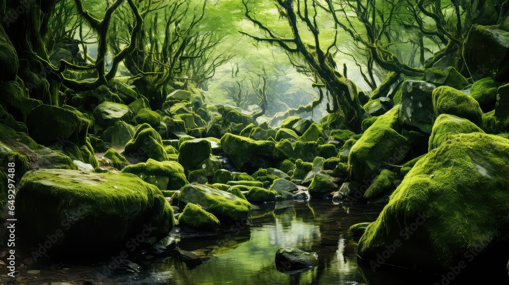 Fototapeta premium forest mossy wonderland trees illustration nature outdoor, beautiful natural, green summer forest mossy wonderland trees