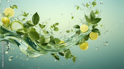 Lemons And Leaves Splashing Into Water