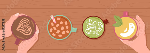 Coffee top view concept. Hands with mugs hot drinks. Dessert and delicacy, beverage. Bubble tea and capuccino. Friends in cafe. Poster or banner for website. Cartoon flat vector illustration