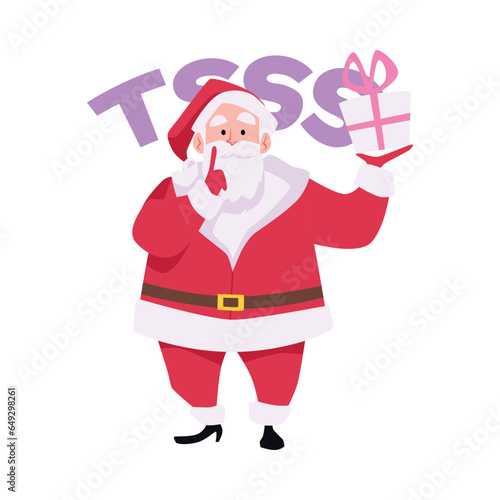 Santa Claus with gifts box showing to be silent gesture and say tsss, vector illustration merry christmas happy new year photo