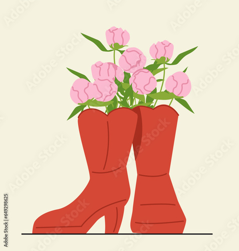 Flowers in wellies concept. Red rubber boots with bouquet. Fashion, trend and style. Poster or banner for website. Cartoon flat vector illustration isolated on yellow background