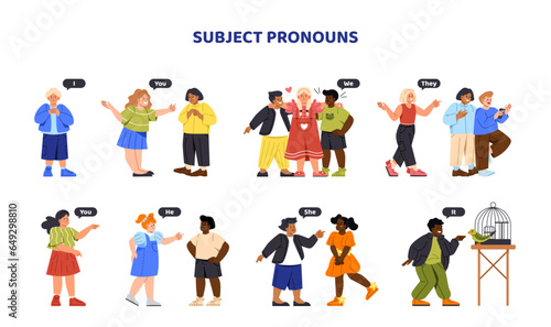 Subject pronouns set. Little boys and girls communicate. Schoolchildren interact. Educational materials for school. Cartoon flat vector collection isolated on white background