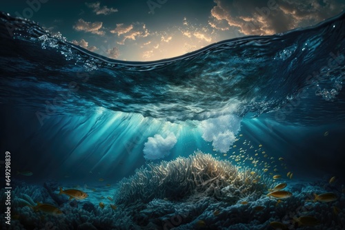 Underwater view of coral reef with fish and ocean wave at sunset rays