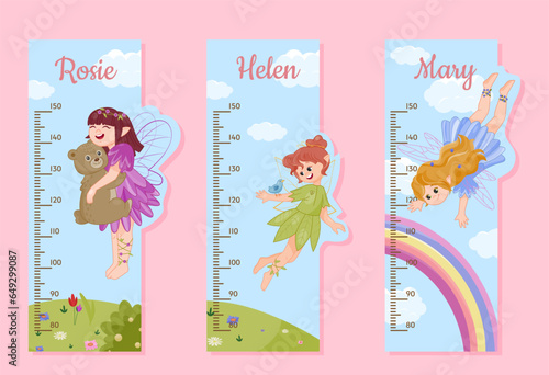 Set of height meters concept. Instrument for measuring of heights for boys and girls. Centimeter with fairies. Fantasy and dream. Cartoon flat vector collection isolated on pink background