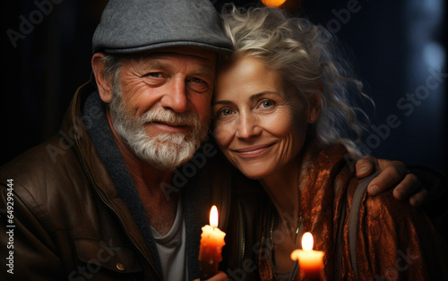 An elderly man and an elderly woman are freezing at home by candlelight