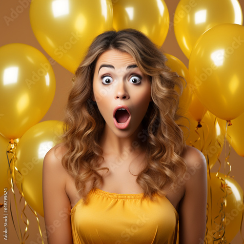 Amazed young woman with bunch of air ballons isolated on yellow background studio portrait, ai technology