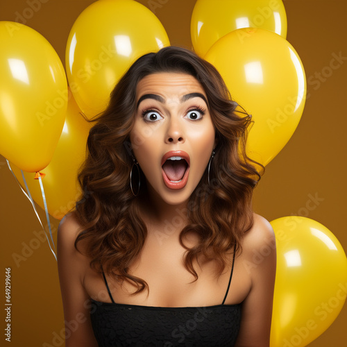 Amazed young woman with bunch of air ballons isolated on yellow background studio portrait, ai technology © Rashid