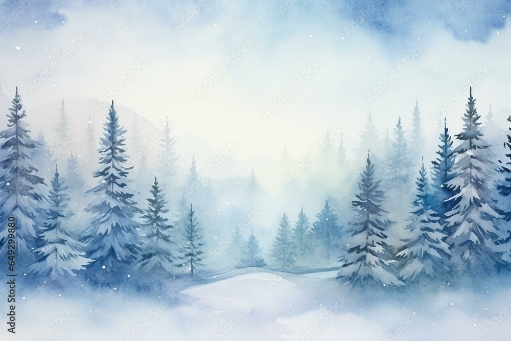 Beautiful watercolor winter landscape with pine trees, falling snow, and fog. Perfect for Christmas-themed designs. Generative AI