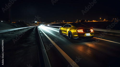 Muscle car driving on the highway at night
