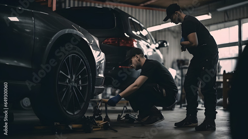 Mechanic changing tires in an autoshop photo