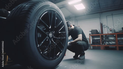 Mechanic working on a car in an autoshop photo