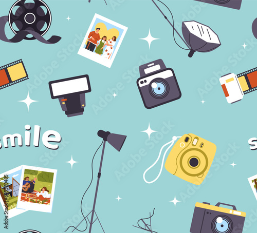 Seamless pattern with photo cameras. Repeating design element for printing on fabric. Equipment of photograph and paparazzi. Photo and video making. Cartoon flat vector illustration