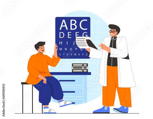 People at pediatric room concept. Man in medical uniform with kid. Speech therapist helps boy. Specialist checks patients vision. Cartoon flat vector illustration isolated on white background