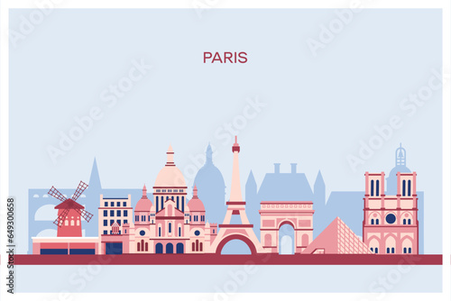 Eiffel Tower France Travel to France learning French. Sights of France. Flat design vector illustration.