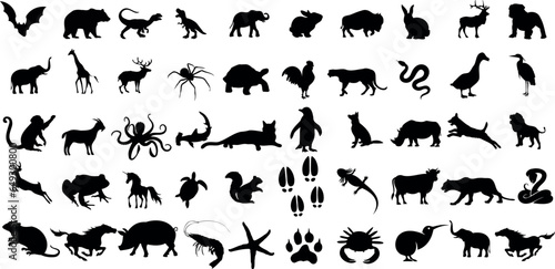 Animal Silhouette or Logo Collection isolated on white background. Lion, Elephant, Tiger, Giraffe, Cheetah, Bear, Gorilla, Zebra, Kangaroo, Penguin, Wolf. Fully customizable vector illustrations