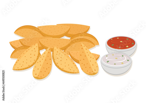 Crispy wedges potato with ketchup and mayonnaise sauce vector flat design. Fast food wedges potato vector illustration on white background