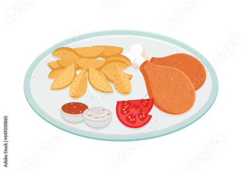 Plate with crispy chicken wings, wedges potato, slices of tomato, ketchup and mayonnaise sauce vector flat design. Fast food dinner plate vector illustration on white background
