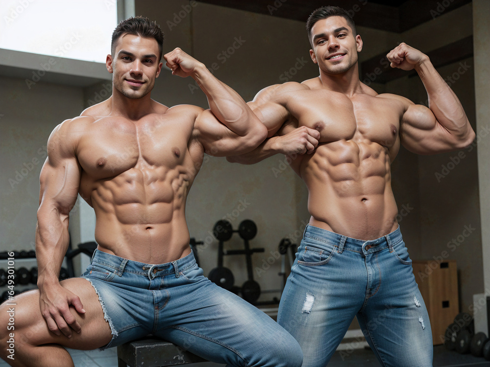 Fototapeta premium two muscular bodybuilders posing in gym