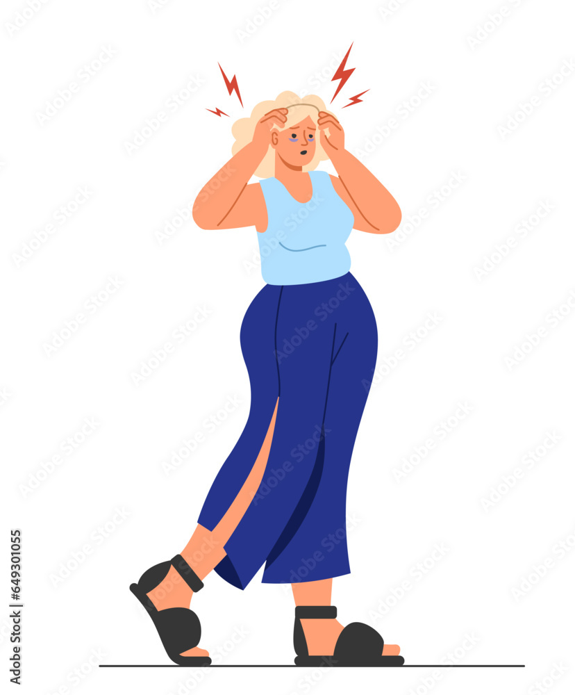 Woman with PMS symptome concept. Young girl suffer from pain in head. Character with migraine. Medical poster or banner for website. Cartoon flat vector illustration isolated on white background