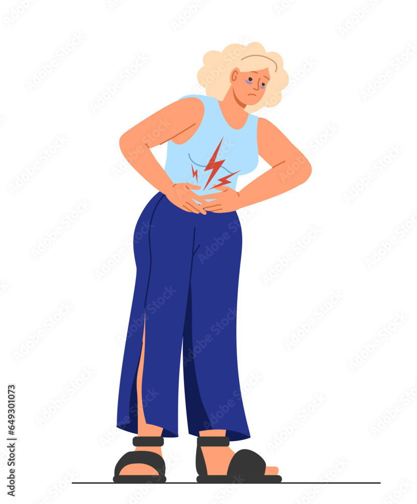 Woman with PMS symptome concept. Young girl suffer from pain in stomache. Female critical day problems, menstruation. Cartoon flat vector illustration isolated on white background
