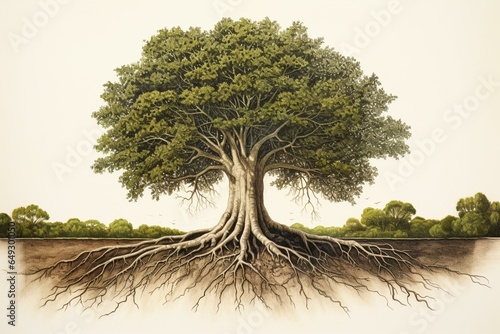 Illustrated depiction of a large tree with roots planted in the soil. Generative AI