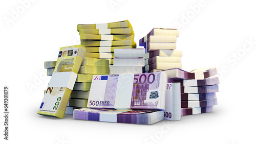 Stacks of Euro notes. A lot of money isolated on transparent background. 3d rendering of bundles of cash