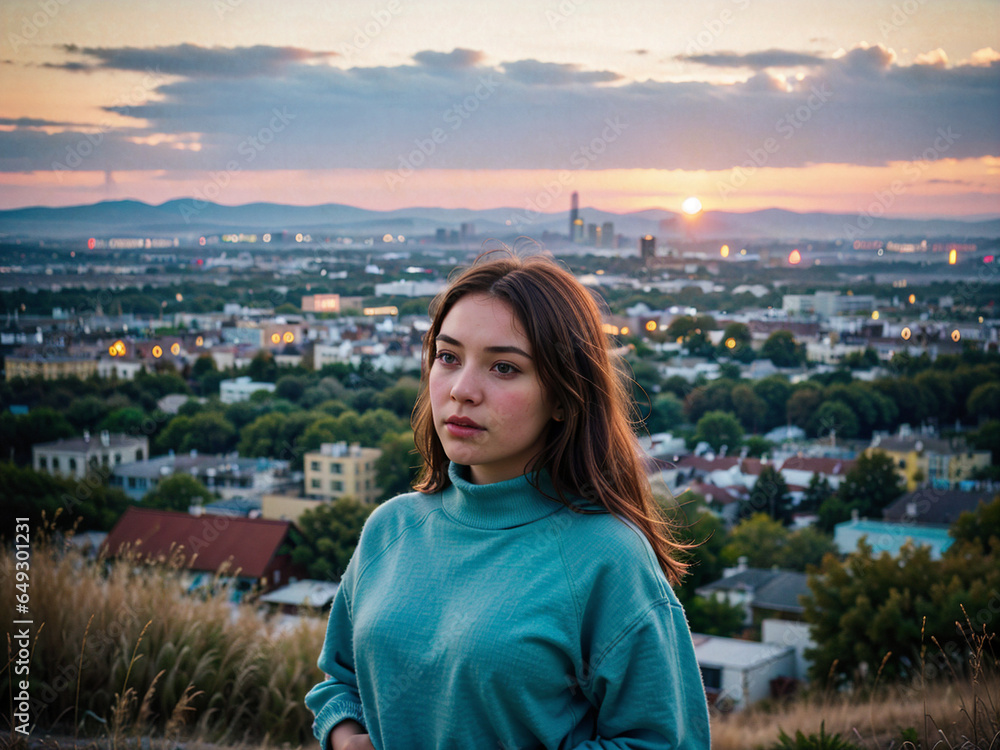 girl in the evening with city view and lights