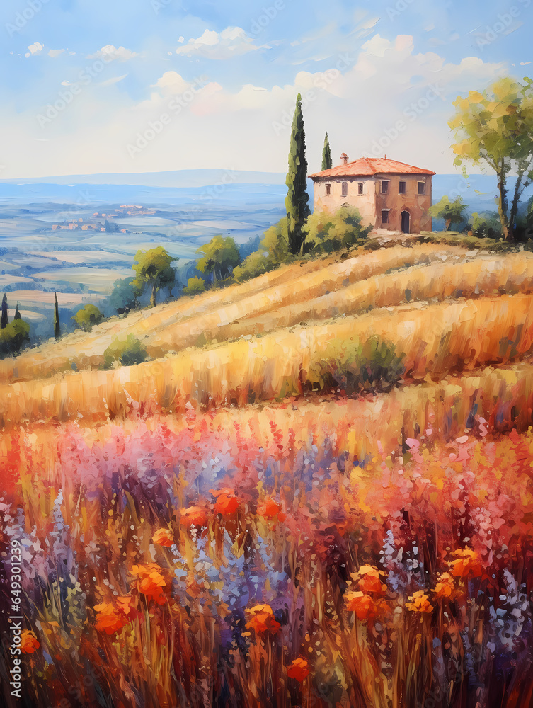Painting Of A House On A Hill With Flowers