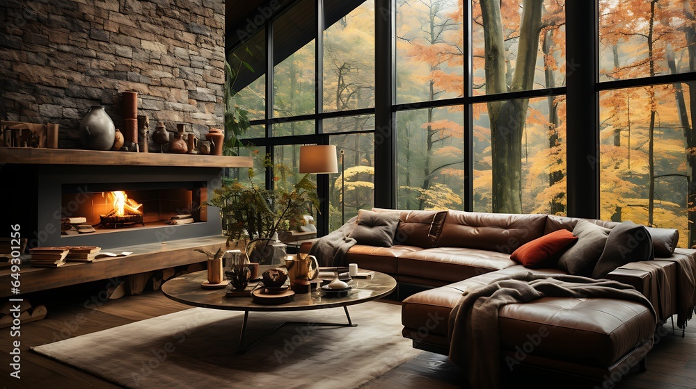 A modern living room featuring a cozy fireplace, with a large window offering a panoramic view of a forest in full autumn splendor. A modern living room featuring a cozy fireplace, with a large window offering a panoramic view of a forest in full autumn splendor.