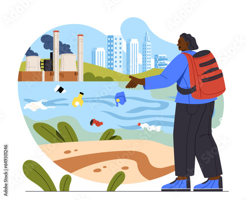 Man with water pollution concept. Young guy looks at garbage in river or lake. Plastic bottles and cans. Activist and volunteer care about ecology and nature. Cartoon flat vector illustration
