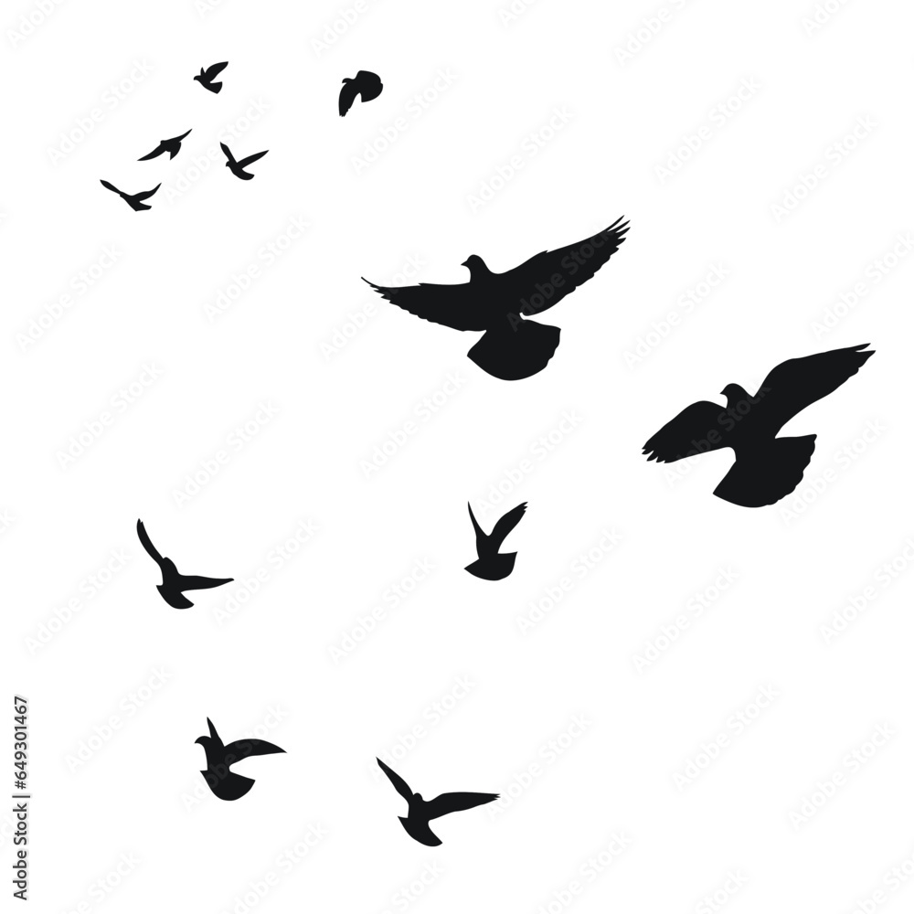Silhouette sketch of a flock of flying birds, flight in different positions. Hover, soaring, landing, flying, flutter Silhouette sketch of a flock of flying birds, flight in different positions. Hover, soaring, landing, flying, flutter
