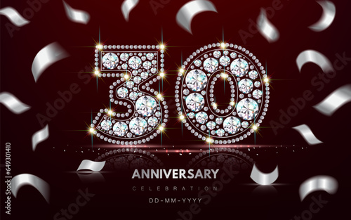 Birthday 30th thirtieth anniversary banner made of jewelry with diamonds and serpentine. 3d realistic illustration. Vector.