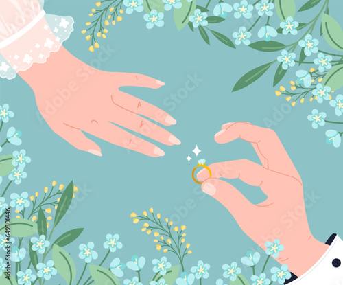 Proposal couple hands concept. Man in suit puts ring on woman in dress. Bride and groom, husband and wife at wedding ceremony. Love and romance, marriage. Cartoon flat vector illustration
