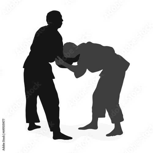 Image silhouette judoka. Judo, martial art, sportsmanship, wrestling, duel, grappling, combating, fighting, struggle