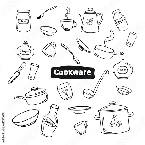 Sketch image of kitchen crockery. Doodles of dishes, utensils, cookware, cutlery