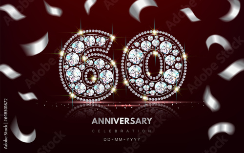 Birthday 60th Anniversary Banner made of Diamond Jewelry and Serpentine Confetti. 3d realistic illustration. Vector.
