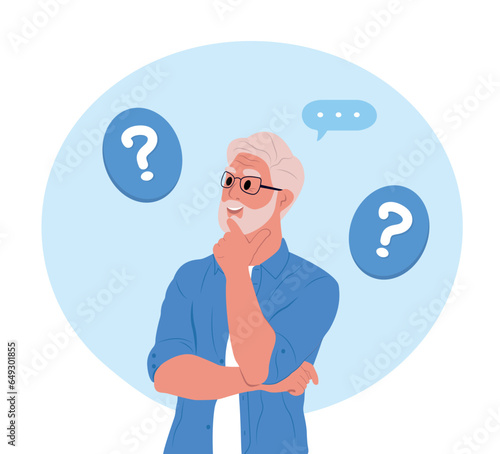 Elderly man makes a choice, thinks, analyzing two options. Make choice, decision concept. Doubting, deciding, setting priorities. Flat vector illustration