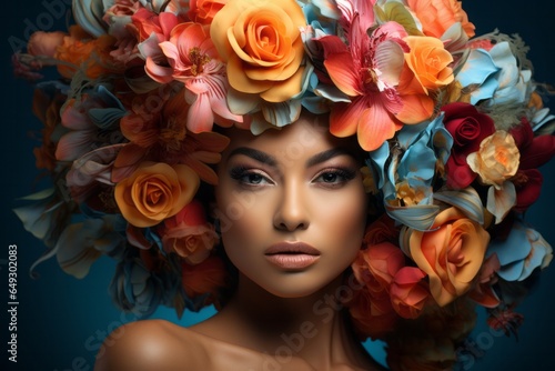 Photo of a stunning woman adorned with a floral crown created with Generative AI technology © AI Visual Vault