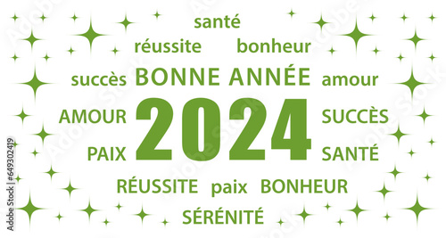 Bonne année 2024 ! Carte de vœux en français. Bannière vectorielle verte sur fond blanc. Flat design.