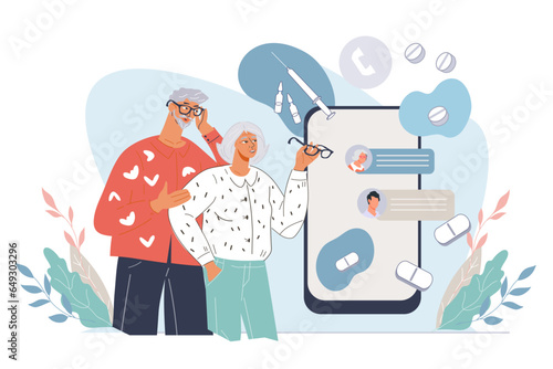 Online medicine or telemedicine concept with elderly couple communicating with their family doctor and getting doctor consultation in app, flat vector illustration isolated on white background.