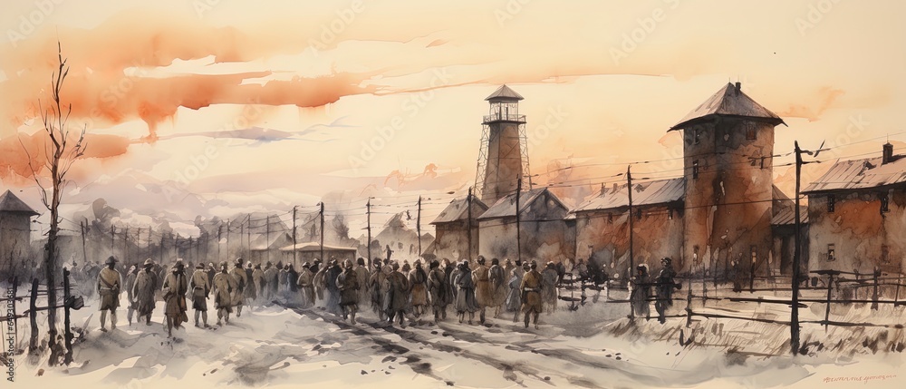 Dark WWII prison camp with prisoners as silhouettes illustration (1939-1945) - obrazy, fototapety, plakaty 