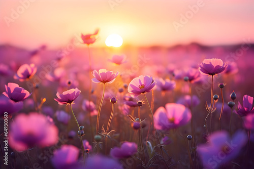 A Beautiful Landscape with Colorful Purple and Pink Flowers, Set Against a Sunset Sky, and a Dreamy Blurred Background. Soft Pastel Floral Delight with Ample Copy Space
