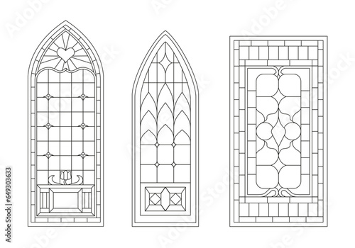Stained glass windows line set. Minimalist frames for church building. Cathedral mosaic. Facade and exterior elements. Cartoon flat vector collection isolated on white background