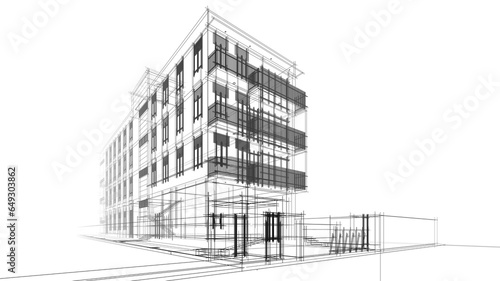 Modern building architectural sketch 3d rendering