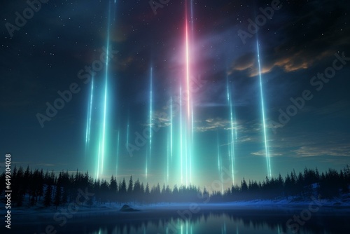 3D illustration of vertical light beams called light pillars in the Canadian sky. Generative AI