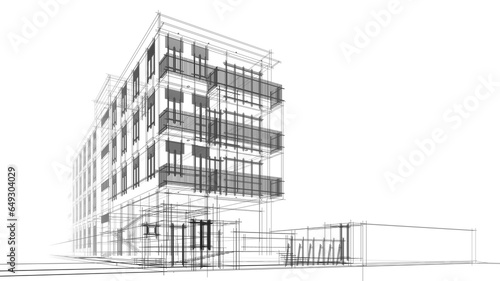 Modern building architectural sketch 3d rendering