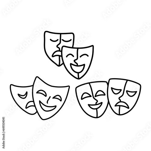 Set of hand drawn theater mask illustration with happy and sad expression illustration with doodle style vector isolated on white background