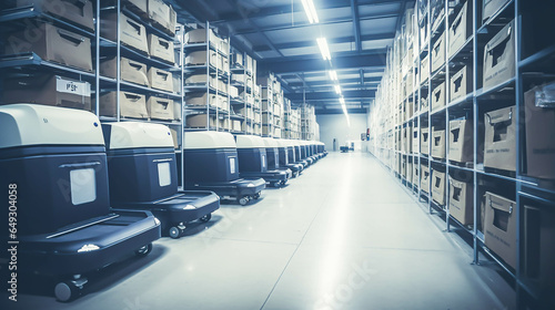 robotic artificial intelligence reigns supreme, autonomous warehouse logistics robots efficiently navigate, while smart automated delivery vehicles traverse modern storehouses.ai generate